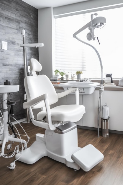 White dentist chair with equipment in background created with generative ai