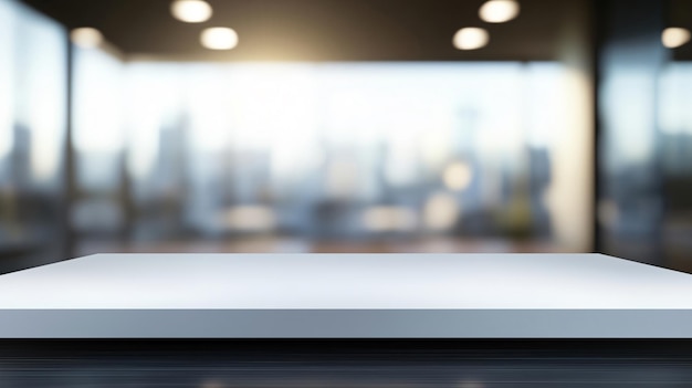 Photo white desk displaying products with a blurred office background