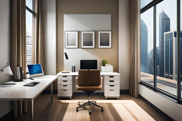 A white desk with a black chair sits in front of a window that says " the word " on it.