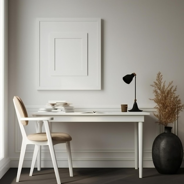 A white desk with a black lamp and a vase with a plant on it.