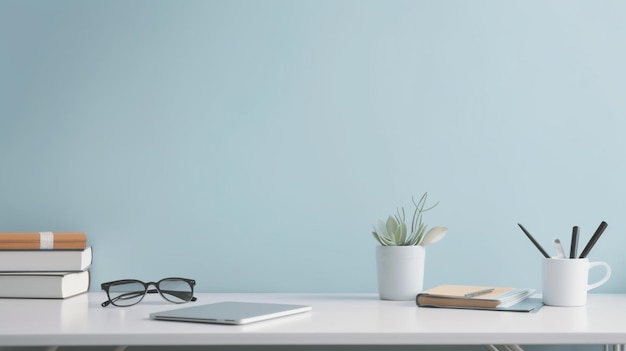 A white desk with a book, a book, and a pair of glasses on it.