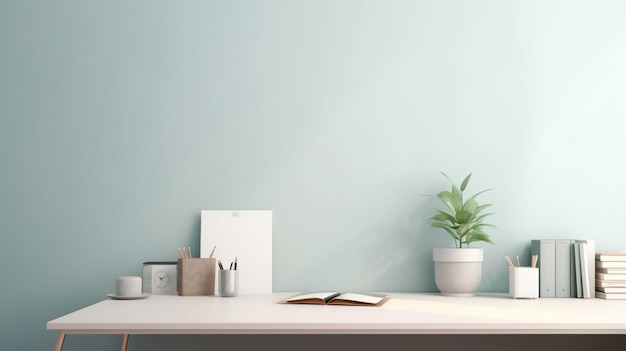 A white desk with a book on it next to a plant.