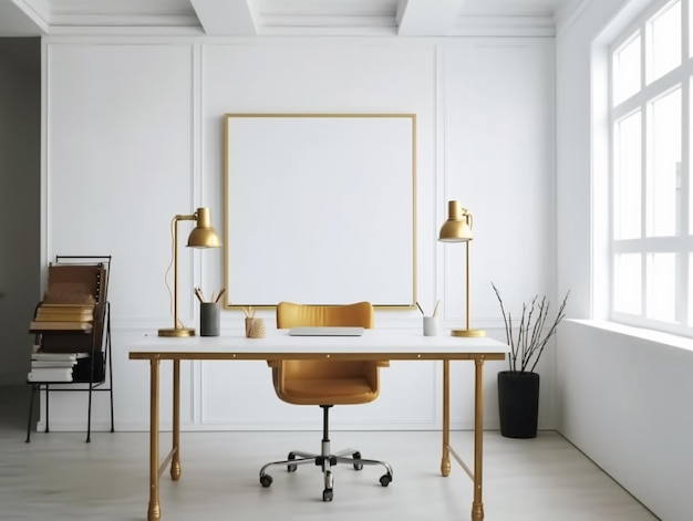 A white desk with gold chairs and a large picture frame that says'gold '