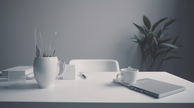 A white desk with a laptop and a cup of tea on it.