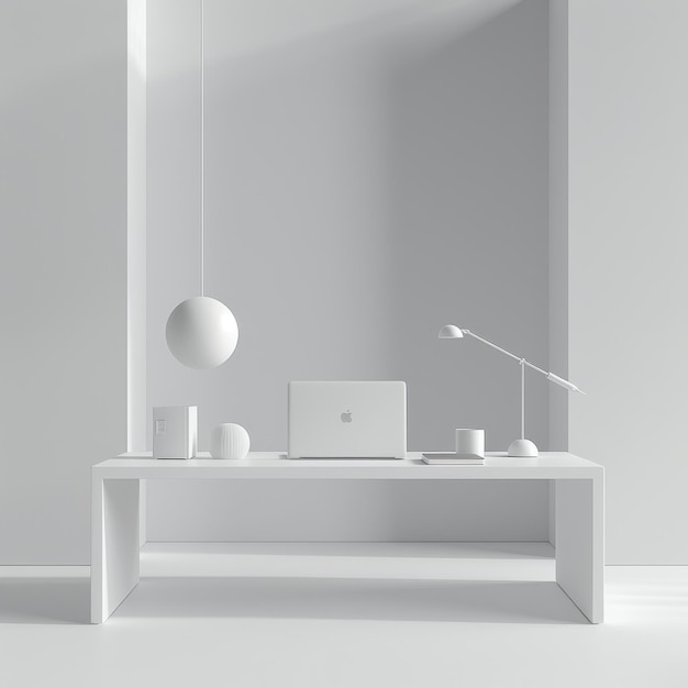 a white desk with a laptop and a globe on it