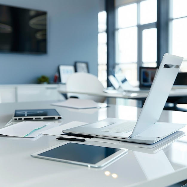 a white desk with a laptop and a monitor on it