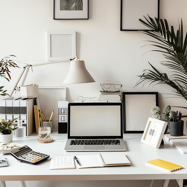 Photo a white desk with a laptop and a picture of a plant on it