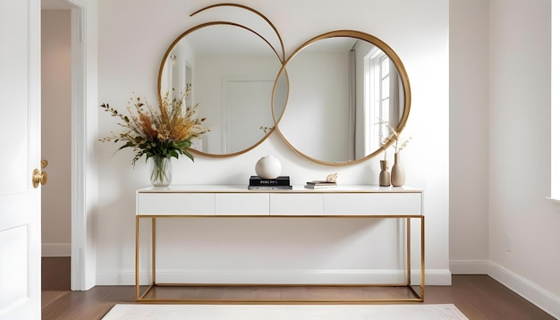 a white desk with a large mirror on the wall