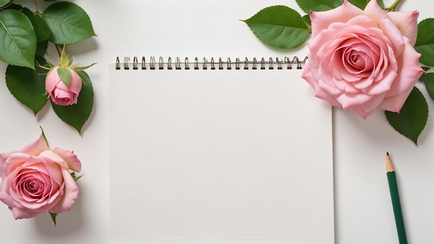 Photo white desk with pink roses and a notebook ideal for floral or officerelated content