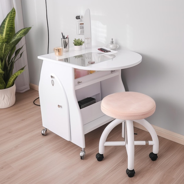 A white desk with a stool and a small plant on the wall.