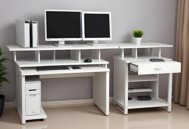 a white desk with two monitors and a keyboard on it