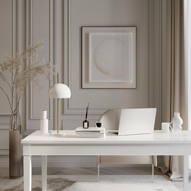 a white desk with a white lamp and a picture on it