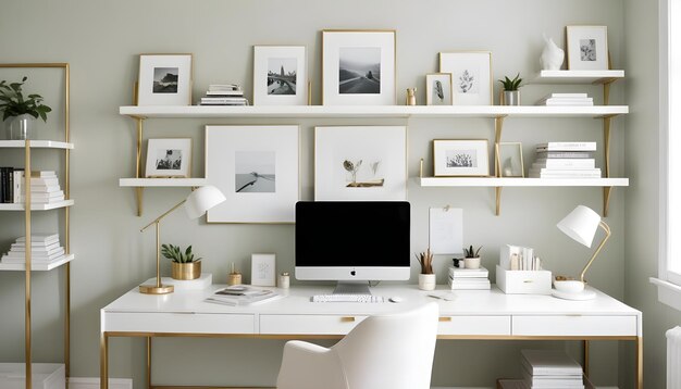 Photo a white desk with a white monitor and a picture of a plant on it