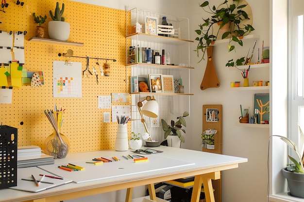 White Desk with Yellow Pegboard Wall and Plants in a Modern Home Office