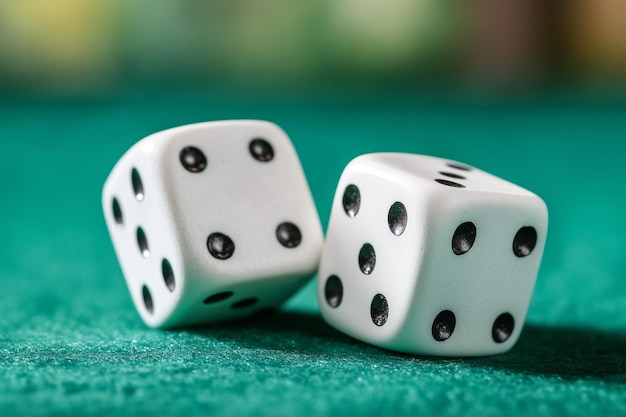 Photo white dice showing six and three on a green surface during a game in a lively setting