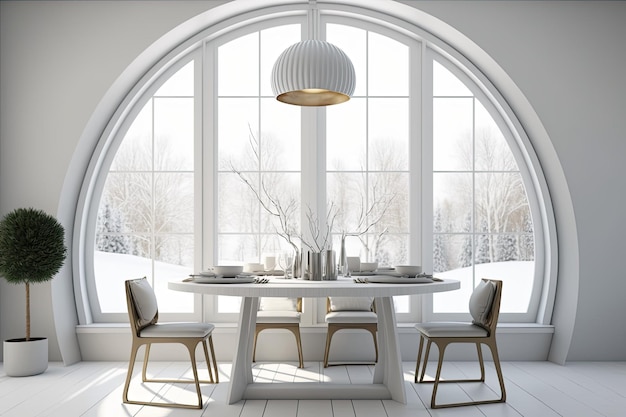 White dining rooms have large windows and white tables with wood and white chairs