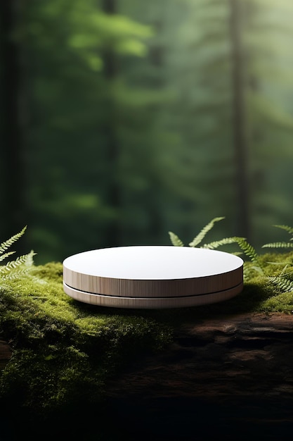 White Disc Serenely Placed on a Stump in the Forest