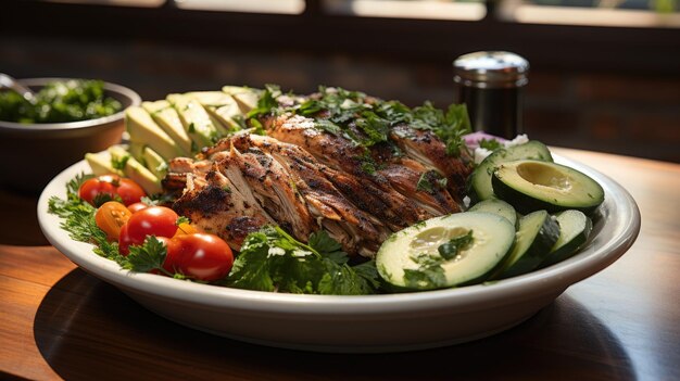 A white dish with rotisserie chicken salad avocado lettuce kalamata olives cucumber tomato and