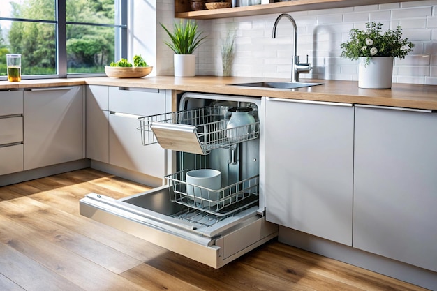 a white dishwasher with a white tray inside of it