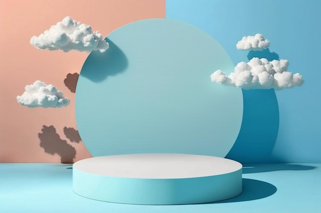 White display podium and floating clouds on orange and half baby blue background Generative AI