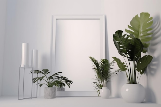 white display stand with tropical foliage on neutral background Generative AI