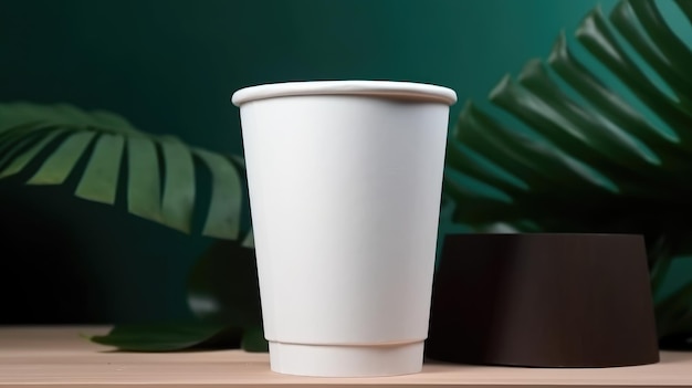 A white disposable cup sits on a table next to a plant.