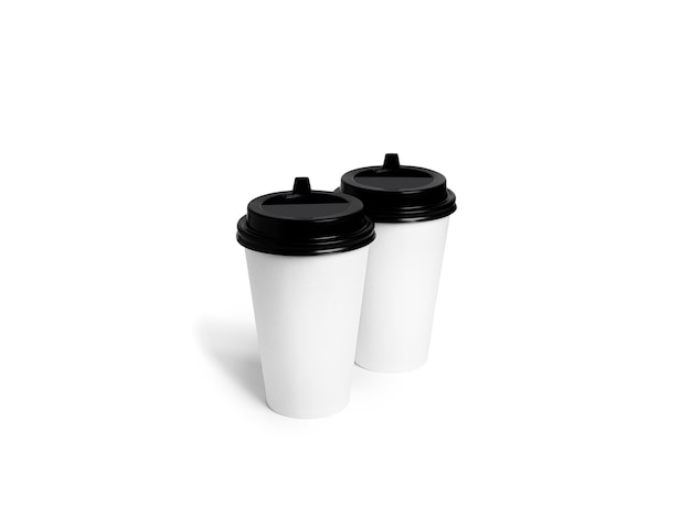 White disposable cups with a black lid isolated. Paper cups. Coffee cups. Takeaway coffee.