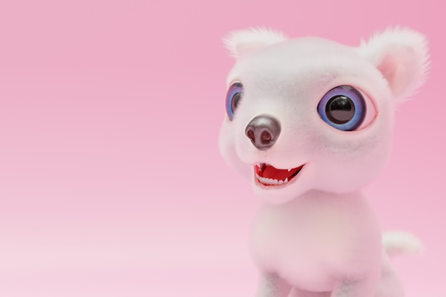 White dog are happy on pink background and copy space for your text. 3D Render.