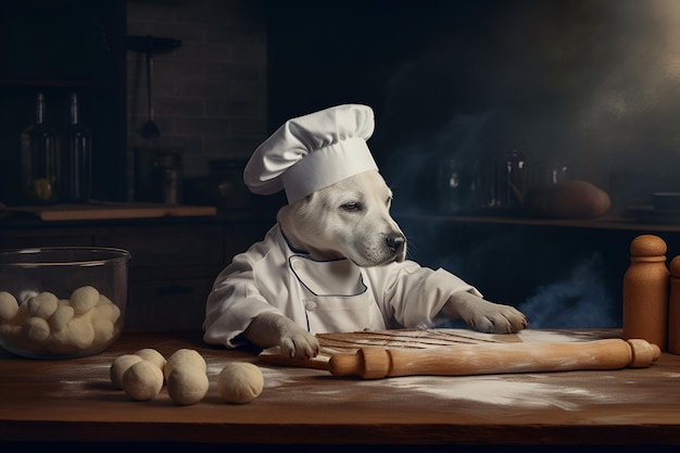 a white dog in a chef's hat holding a rolling pin in his paws and rolling out dough on the table