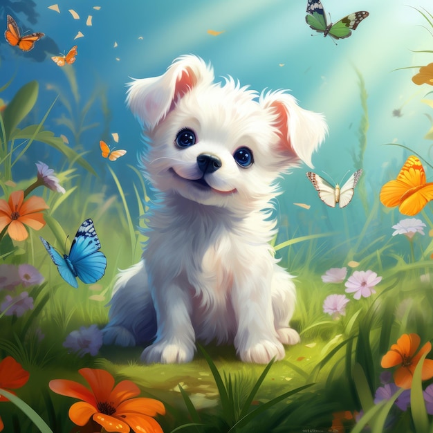 White dog on a green field with flowers and butterflies