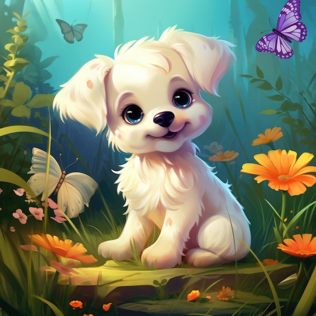 White dog on a green field with flowers and butterflies