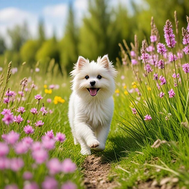 a white dog is running through a field of purple flowers