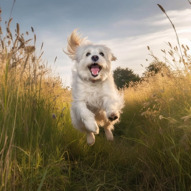 Photo a white dog is running through tall grass with its tongue out