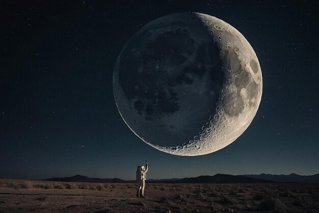 a white dog is standing in front of a large moon