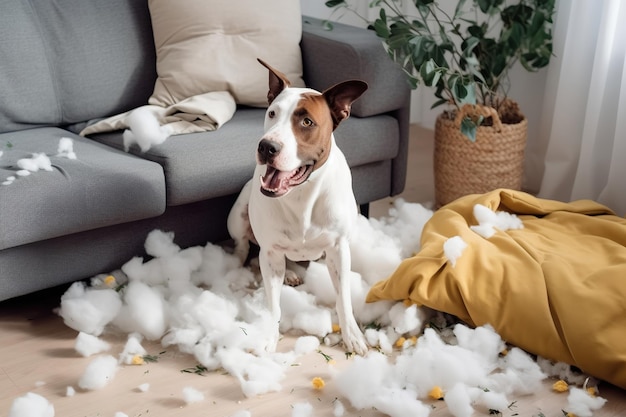 white dog making a mess at home destroying the sofa