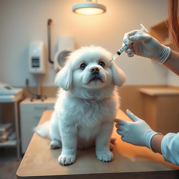 Photo white dog receiving medical care with a syringe