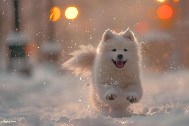 a white dog running in the snow with its mouth open