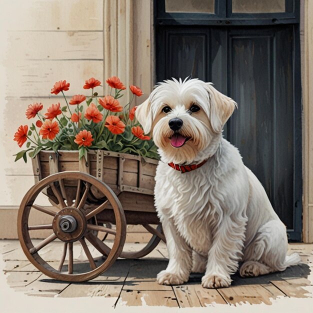 Photo a white dog sits next to a cart with flowers in front of it