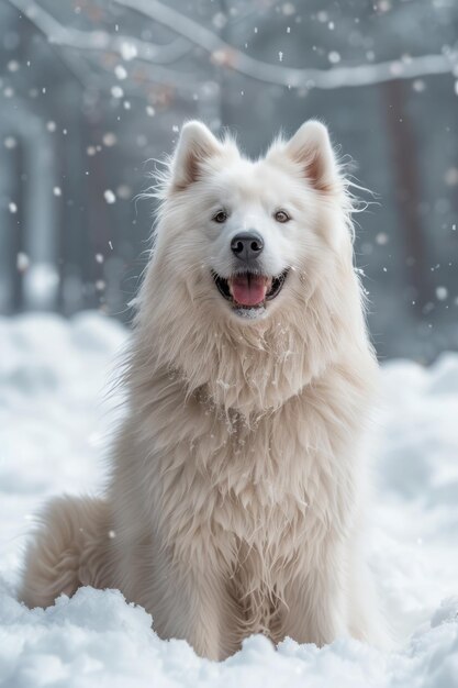 A white dog sits in the snow and looks at the camera