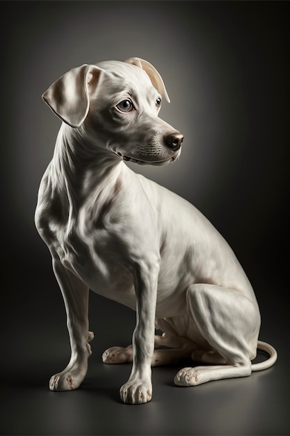 White dog sitting on top of a black floor