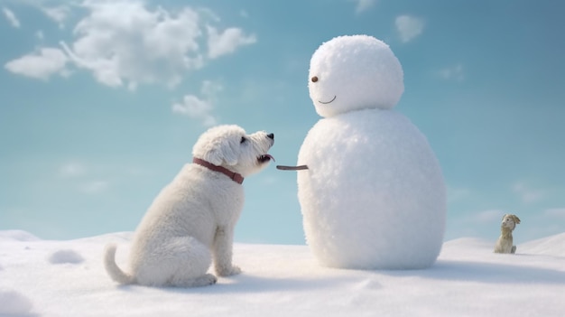 a white dog and a snowman are looking at each other