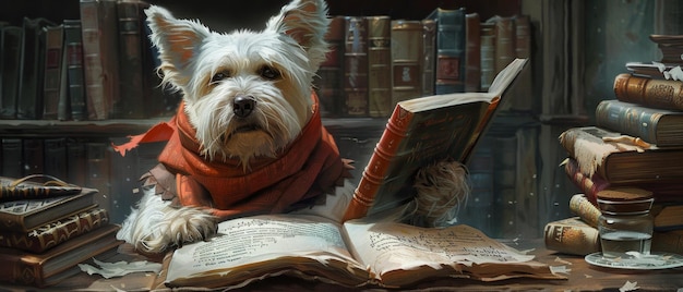 A white dog wearing a red scarf sits at a desk surrounded by books studying