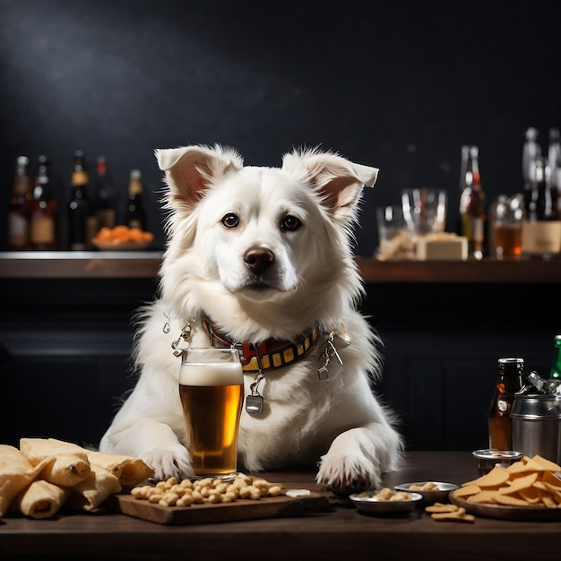 White dog with beer and snacks at the bar behind the counter on a dark background Ai Generated