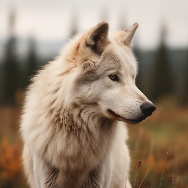 A white dog with a black nose and a black nose is sitting in a field.