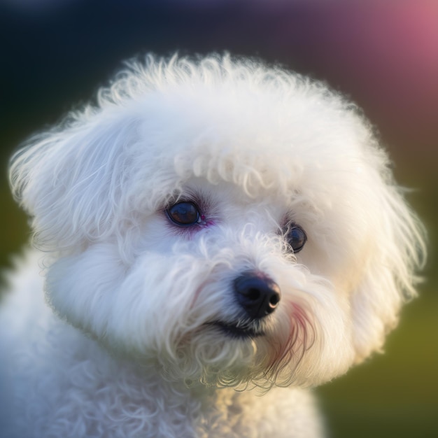 A white dog with a black nose and purple eyes is looking at the camera.