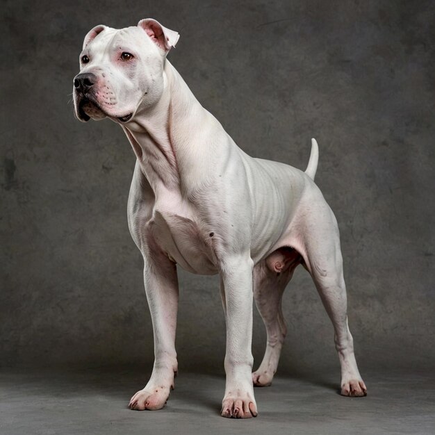 Photo a white dog with a black nose and a white collar stands on a grey background