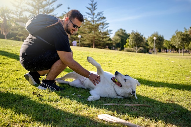 A white dog with a black spot on one eye playing with its owner in a park.