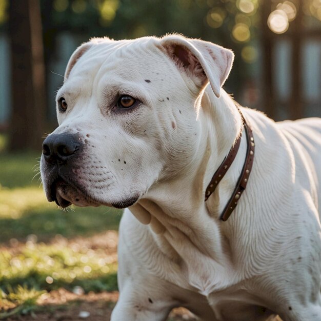 Photo a white dog with a brown collar is sitting in the grass