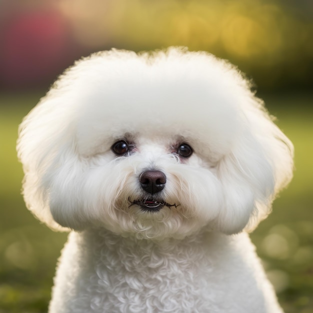 A white dog with a curly tail is sitting in a field.