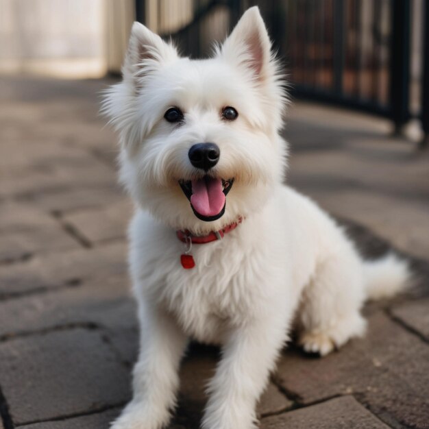 A white dog with its tongue out in the